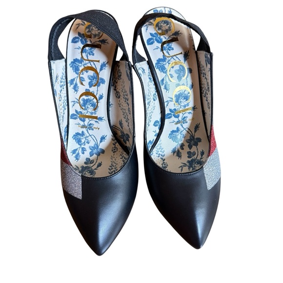 Gucci Sylvie Web Slingback Black Leather Pumps  Stiletto Heel EU 37 US 7 - Picture 7 of 12